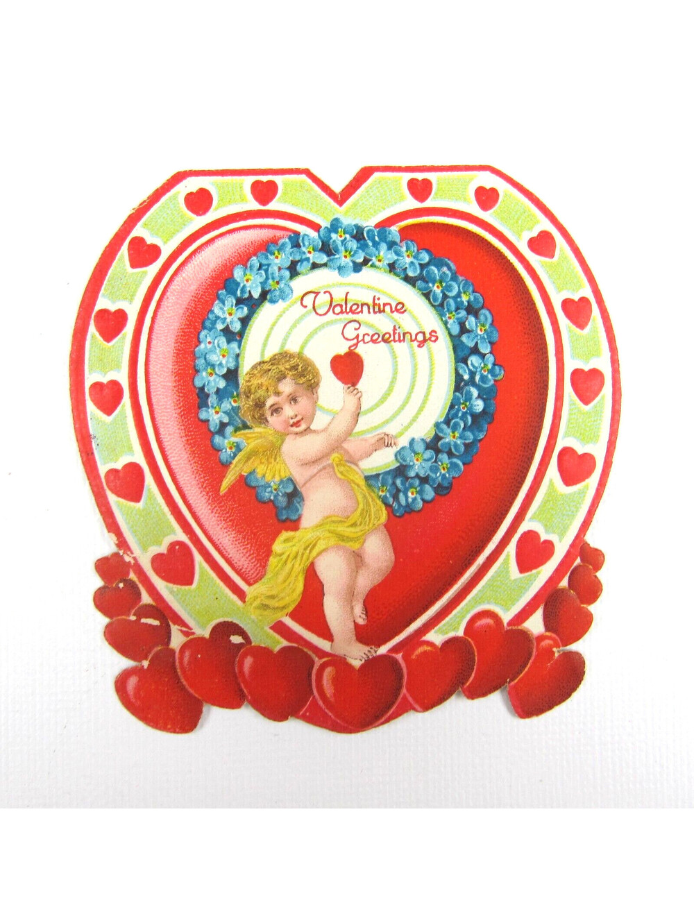 Vintage Valentine Card Diecut Blonde Cupid Target Red Heart Bullseye Blue Flower
